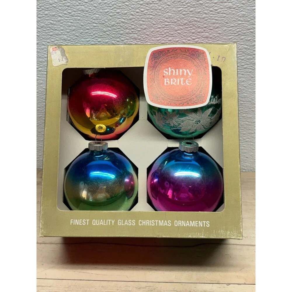 Vtg 1965 Set Of 4 Shiny Brite Finest Quality Blown Glass Christmas Tree Ornament